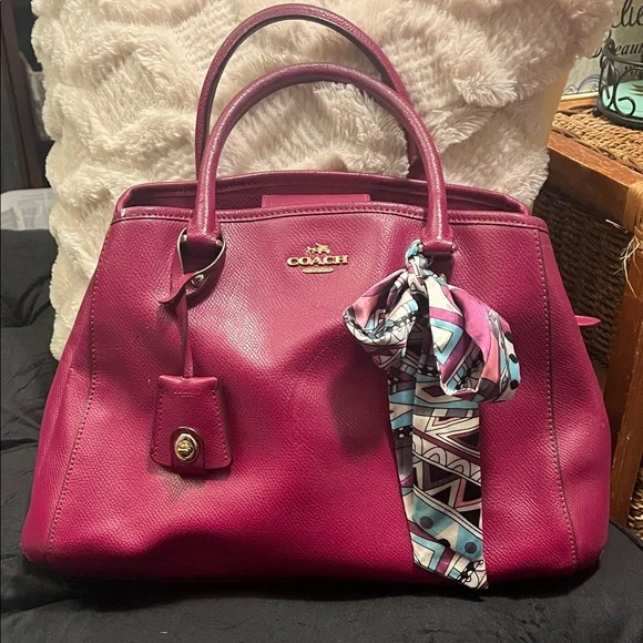Coach Magenta Leather Satchel with Scarf Accent Key Holder CALLOUTS - Picture 1 of 16